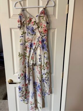Iz Byer Cream Dress with Blue and Pink Floral Accents